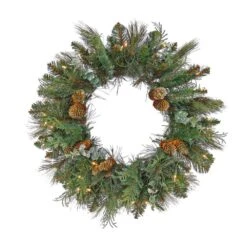 24 In. Pre-Lit Artificial North Conway Wreath With Glittery Cones And Eucalyptus, 50 Clear Lights- UL