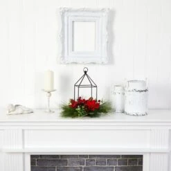 14 In. Unlit Christmas Poinsettia, Berry And Pinecone Metal Candle Holder Christmas Artificial Table Arrangement -Northlight Shop nearly natural artificial christmas plants a1855 31 1000