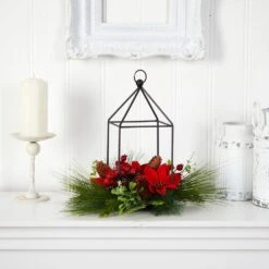 14 In. Unlit Christmas Poinsettia, Berry And Pinecone Metal Candle Holder Christmas Artificial Table Arrangement -Northlight Shop nearly natural artificial christmas plants a1855 4f 1000