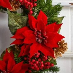 24in. Artificial Unlit Artificial Holiday Wreath With Poinsettia, Berry And Golden Pine Cone -Northlight Shop nearly natural christmas wreaths 4269 1f 1000