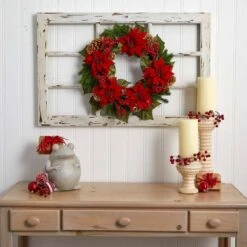 24in. Artificial Unlit Artificial Holiday Wreath With Poinsettia, Berry And Golden Pine Cone -Northlight Shop nearly natural christmas wreaths 4269 31 1000
