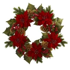 24in. Artificial Unlit Artificial Holiday Wreath With Poinsettia, Berry And Golden Pine Cone