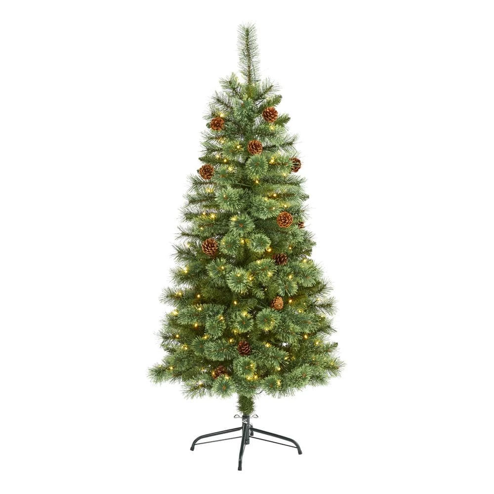 5 Ft. Pre-Lit White Mountain Pine Artificial Christmas Tree With 200 Clear LED Lights And Pine Cones 1 5 Ft. Pre-Lit White Mountain Pine Artificial Christmas Tree With 200 Clear LED Lights And Pine Cones