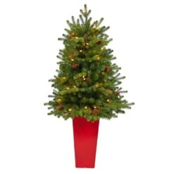 3.5 Ft. Yukon Mountain Fir Artificial Christmas Tree With 50 Clear Lights And Pine Cones In Red Planter