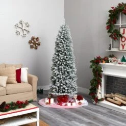 7 Ft. Pre-Lit LED Slim Flocked Montreal Fir Artificial Christmas Tree With 300 Warm White Lights -Northlight Shop nearly natural pre lit christmas trees t3311 31 1000
