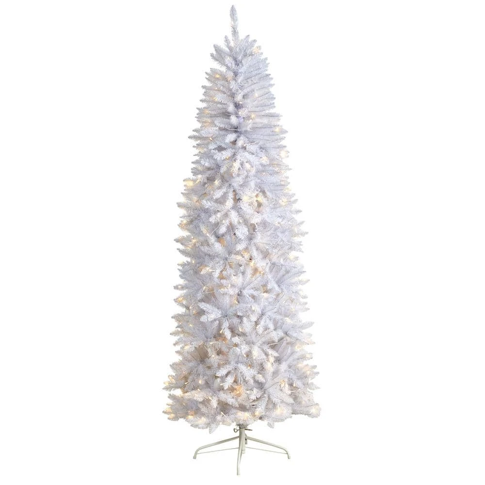 7 Ft. White Pre-Lit LED Slim Artificial Christmas Tree With 300 Warm White Lights 1 7 Ft. White Pre-Lit LED Slim Artificial Christmas Tree With 300 Warm White Lights