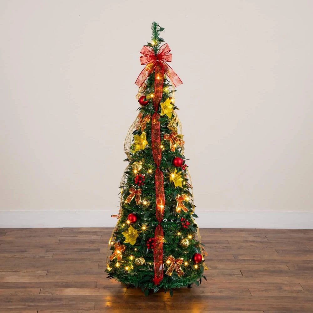 5 Ft. Pre-Lit Artificial Pop Up Christmas Tree With Red And Gold Ornaments, Ribbons And 100-Warm White LED Lights 3 5 Ft. Pre-Lit Artificial Pop Up Christmas Tree With Red And Gold Ornaments, Ribbons And 100-Warm White LED Lights - Image 3