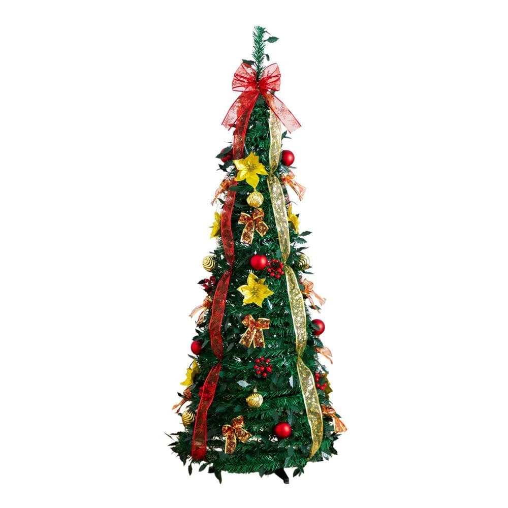 5 Ft. Pre-Lit Artificial Pop Up Christmas Tree With Red And Gold Ornaments, Ribbons And 100-Warm White LED Lights 1 5 Ft. Pre-Lit Artificial Pop Up Christmas Tree With Red And Gold Ornaments, Ribbons And 100-Warm White LED Lights