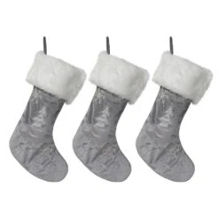 20 In. Silver Velvet Tree Christmas Stocking With Linen Christmas Embroidery (3-Pack)