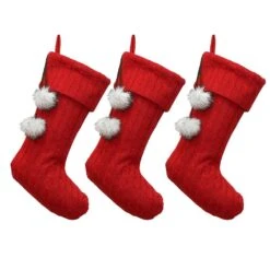 20 In. Red Cable Knit Christmas Stocking With Fur Pom Poms (3-pack)