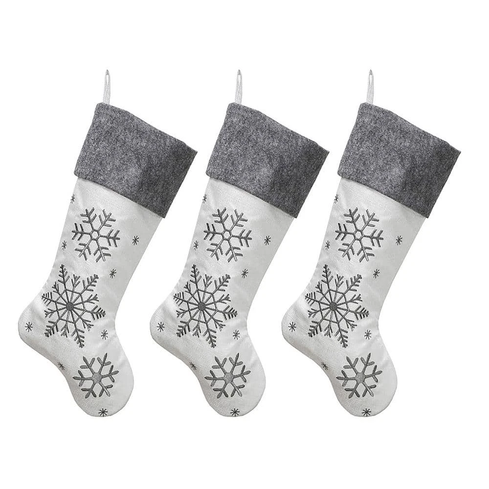 New Traditions 20 In White Linen Snowflake Christmas Stocking With Knit Cuff 3-pack 1 New Traditions 20 In White Linen Snowflake Christmas Stocking With Knit Cuff 3-pack