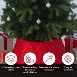 New Traditions 26 In Red Satin Christmas Tree Collar With Red Glitter Lattice Pattern -Northlight Shop new traditions simplify your holiday christmas tree collars 2265082 3dd 31 1000