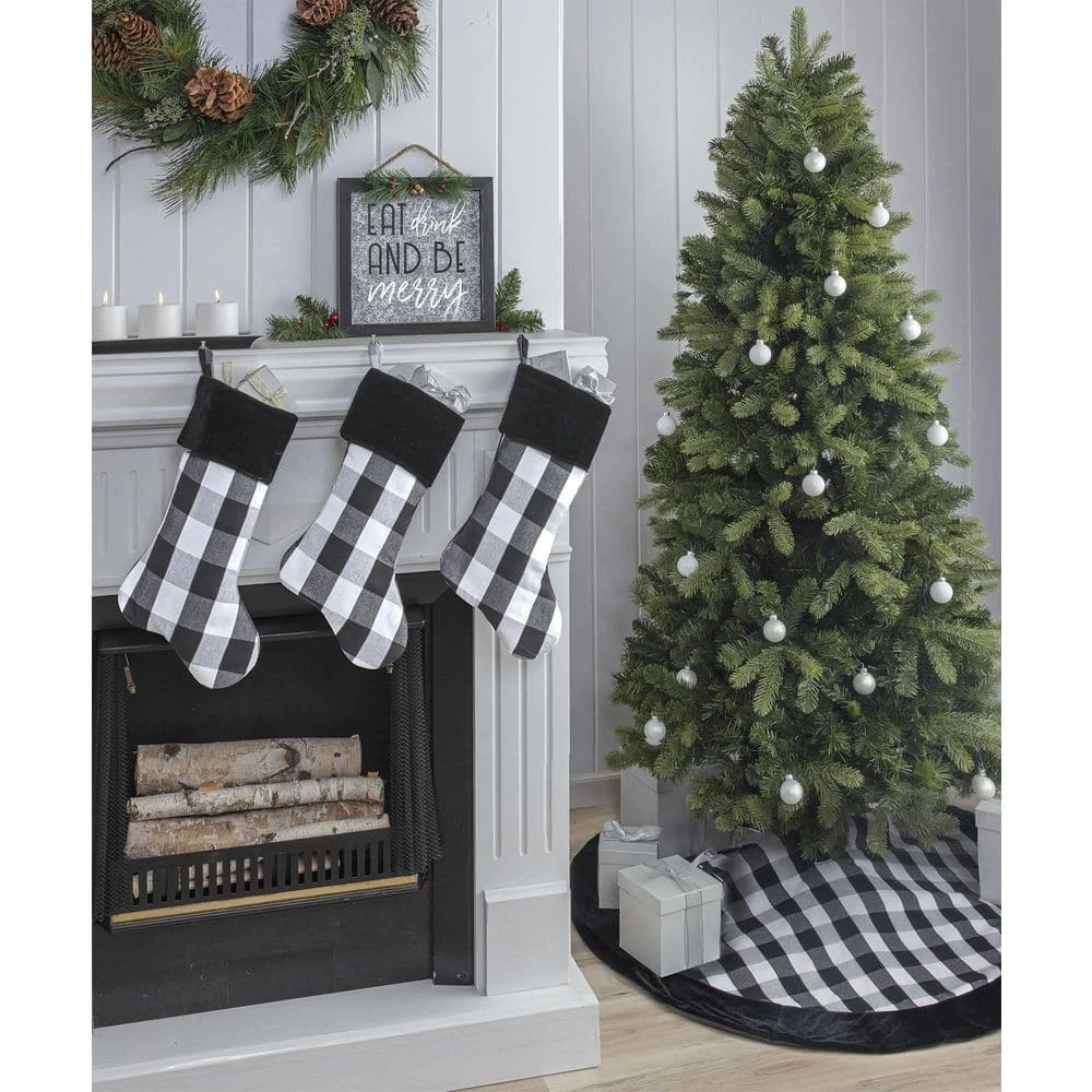 48 In. Black And White Buffalo Plaid Christmas Tree Skirt With Black Velvet Cuff 4 48 In. Black And White Buffalo Plaid Christmas Tree Skirt With Black Velvet Cuff - Image 4