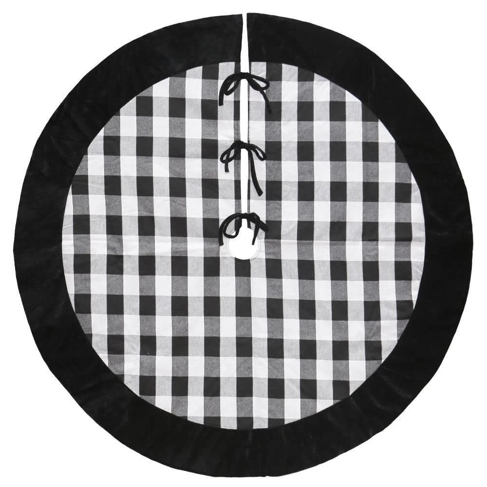 48 In. Black And White Buffalo Plaid Christmas Tree Skirt With Black Velvet Cuff 1 48 In. Black And White Buffalo Plaid Christmas Tree Skirt With Black Velvet Cuff