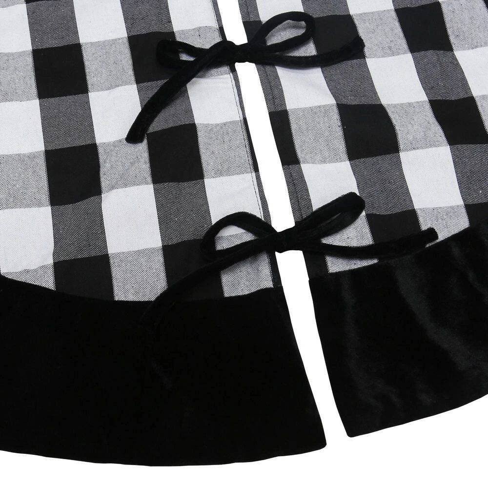 48 In. Black And White Buffalo Plaid Christmas Tree Skirt With Black Velvet Cuff 2 48 In. Black And White Buffalo Plaid Christmas Tree Skirt With Black Velvet Cuff - Image 2