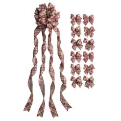 Linen And Red Berry Large Plaid Ribbon Christmas Tree Topper Bow And 12 Mini Bows (13-Pieces)