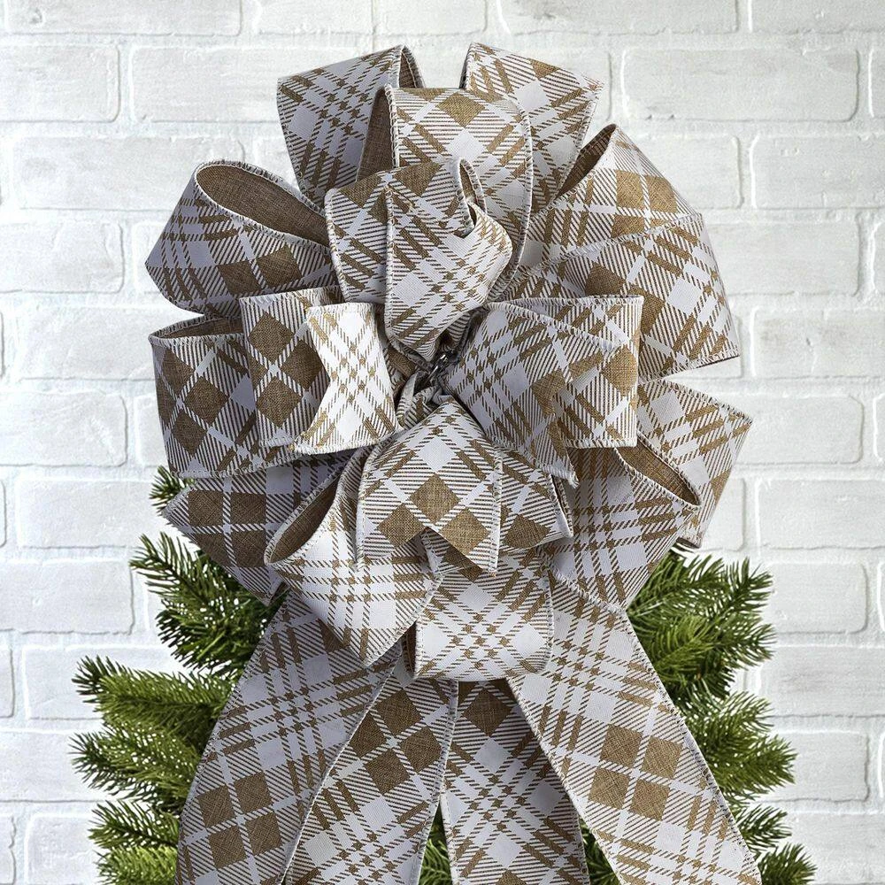 Natural Linen And White Large Plaid Ribbon Christmas Tree Topper Bow And 12 Mini Bows (13-Pieces) 4 Natural Linen And White Large Plaid Ribbon Christmas Tree Topper Bow And 12 Mini Bows (13-Pieces) - Image 4