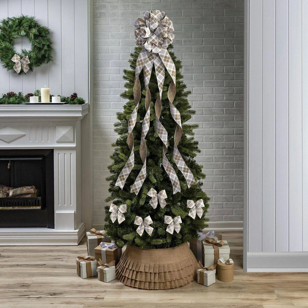 Natural Linen And White Large Plaid Ribbon Christmas Tree Topper Bow And 12 Mini Bows (13-Pieces) 5 Natural Linen And White Large Plaid Ribbon Christmas Tree Topper Bow And 12 Mini Bows (13-Pieces) - Image 5