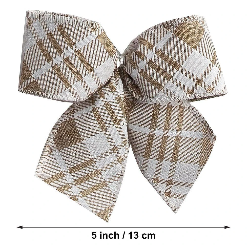 Natural Linen And White Large Plaid Ribbon Christmas Tree Topper Bow And 12 Mini Bows (13-Pieces) 3 Natural Linen And White Large Plaid Ribbon Christmas Tree Topper Bow And 12 Mini Bows (13-Pieces) - Image 3