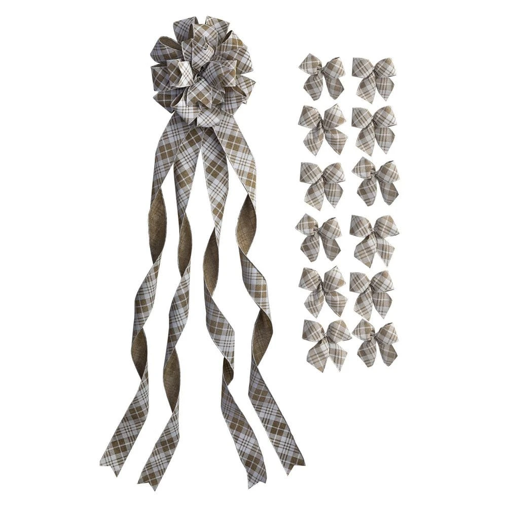 Natural Linen And White Large Plaid Ribbon Christmas Tree Topper Bow And 12 Mini Bows (13-Pieces) 1 Natural Linen And White Large Plaid Ribbon Christmas Tree Topper Bow And 12 Mini Bows (13-Pieces)