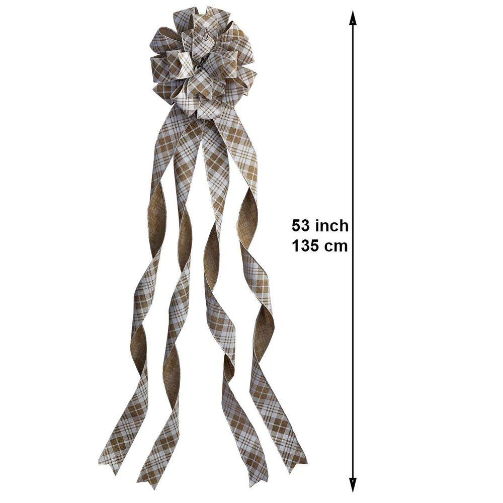Natural Linen And White Large Plaid Ribbon Christmas Tree Topper Bow And 12 Mini Bows (13-Pieces) 2 Natural Linen And White Large Plaid Ribbon Christmas Tree Topper Bow And 12 Mini Bows (13-Pieces) - Image 2