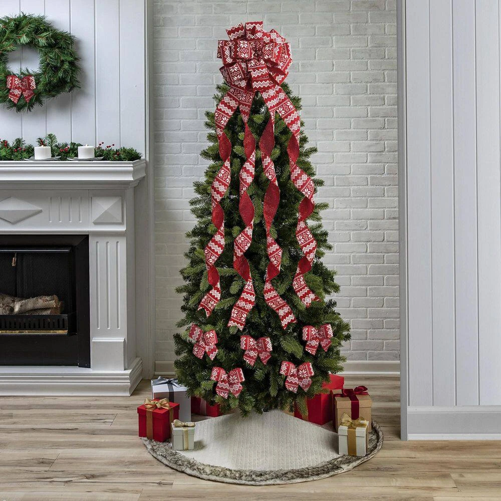 Red And White Large Ribbon Christmas Tree Topper Bow And 12 Mini Bows In Fair Isle Print (13-Pieces) 5 Red And White Large Ribbon Christmas Tree Topper Bow And 12 Mini Bows In Fair Isle Print (13-Pieces) - Image 5