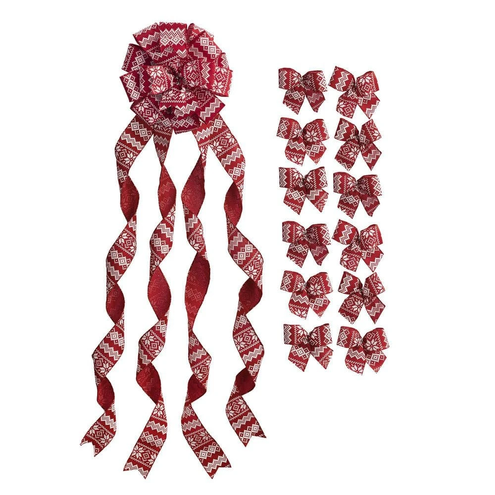 Red And White Large Ribbon Christmas Tree Topper Bow And 12 Mini Bows In Fair Isle Print (13-Pieces) 1 Red And White Large Ribbon Christmas Tree Topper Bow And 12 Mini Bows In Fair Isle Print (13-Pieces)