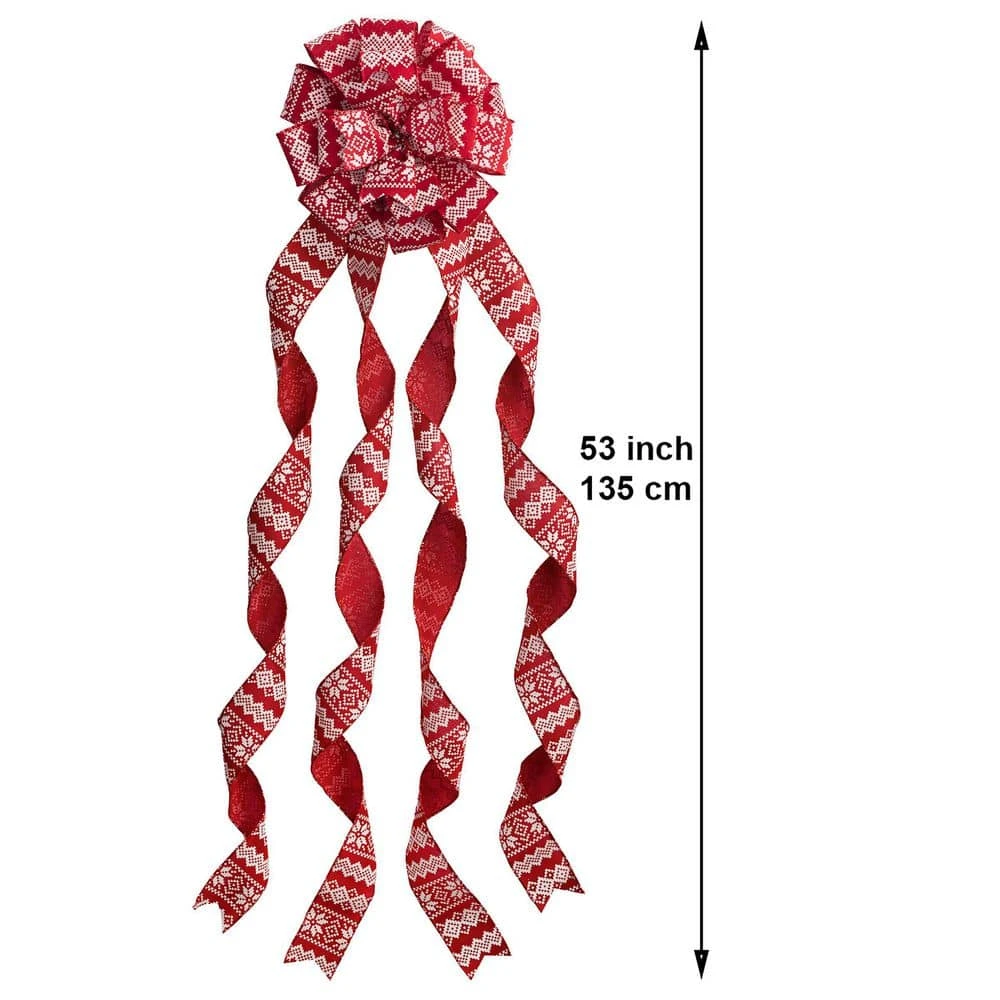Red And White Large Ribbon Christmas Tree Topper Bow And 12 Mini Bows In Fair Isle Print (13-Pieces) 2 Red And White Large Ribbon Christmas Tree Topper Bow And 12 Mini Bows In Fair Isle Print (13-Pieces) - Image 2