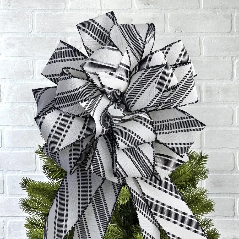 Ivory And Black Large Ivory Ribbon Christmas Tree Topper Bow And 12 Mini Bows, Stripe Print (13-Pieces) 4 Ivory And Black Large Ivory Ribbon Christmas Tree Topper Bow And 12 Mini Bows, Stripe Print (13-Pieces) - Image 4