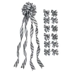 Ivory And Black Large Ivory Ribbon Christmas Tree Topper Bow And 12 Mini Bows, Stripe Print (13-Pieces)