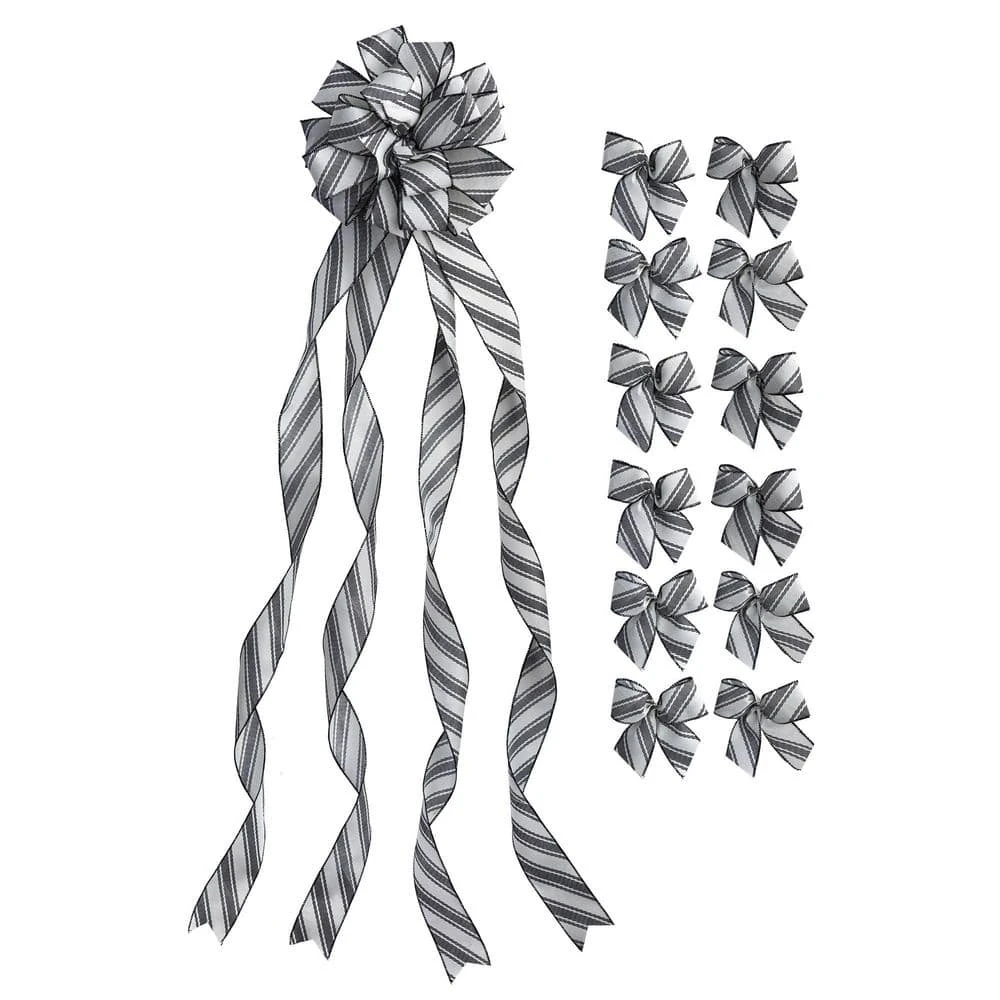 Ivory And Black Large Ivory Ribbon Christmas Tree Topper Bow And 12 Mini Bows, Stripe Print (13-Pieces) 1 Ivory And Black Large Ivory Ribbon Christmas Tree Topper Bow And 12 Mini Bows, Stripe Print (13-Pieces)