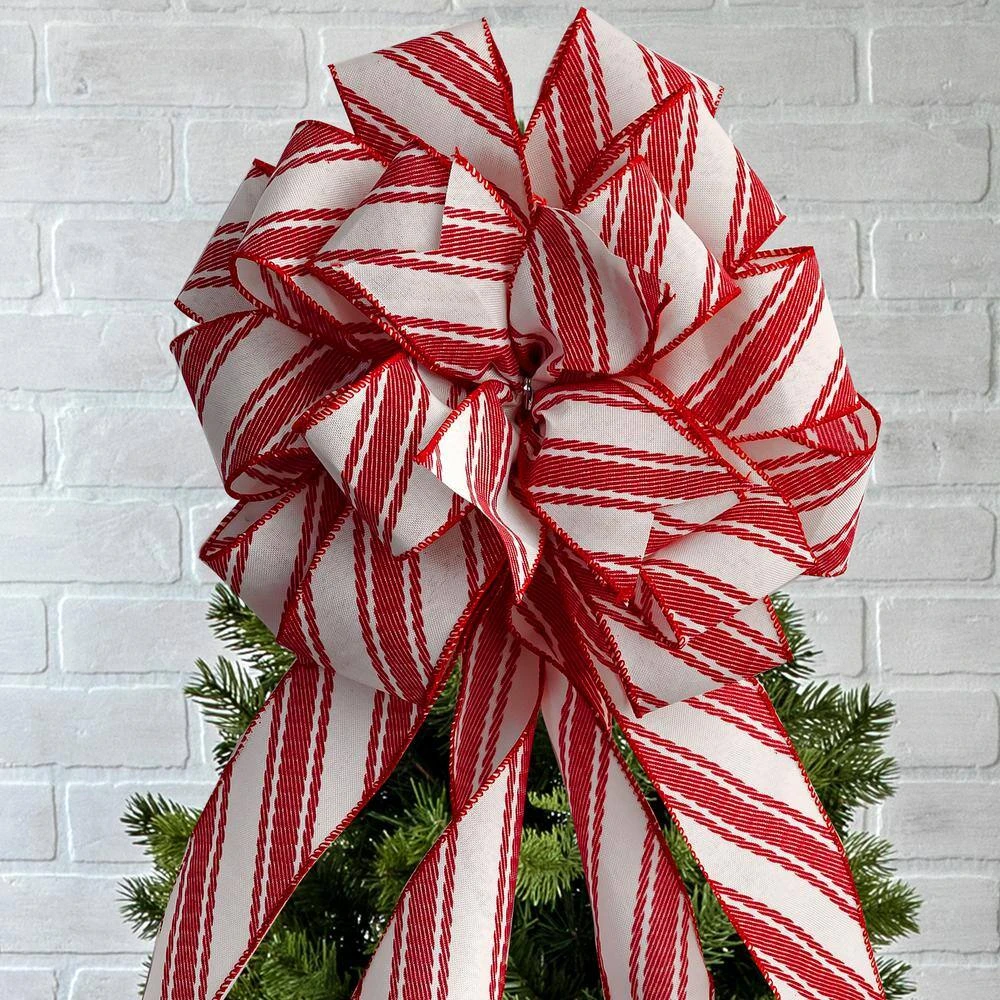 53 In. Ivory And Red Stripe Bow Christmas Tree Topper With 12 Matching Mini Bows 4 53 In. Ivory And Red Stripe Bow Christmas Tree Topper With 12 Matching Mini Bows - Image 4