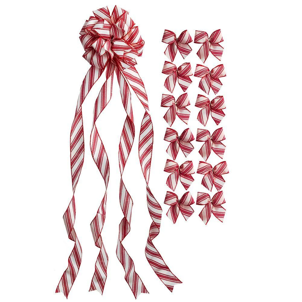 53 In. Ivory And Red Stripe Bow Christmas Tree Topper With 12 Matching Mini Bows 1 53 In. Ivory And Red Stripe Bow Christmas Tree Topper With 12 Matching Mini Bows