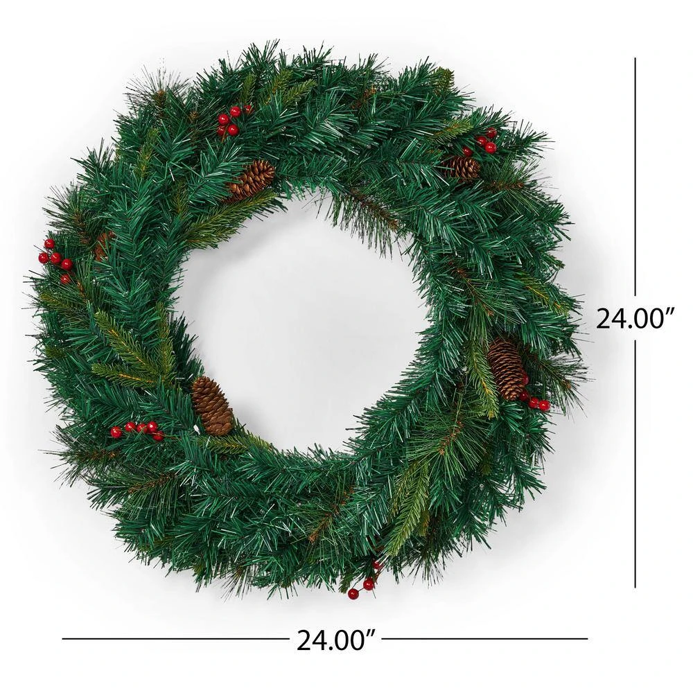 24 In. Green Battery Operated Pre-Lit Warm White LED Mixed Pine Artificial Christmas Wreath With Berries 4 24 In. Green Battery Operated Pre-Lit Warm White LED Mixed Pine Artificial Christmas Wreath With Berries - Image 4