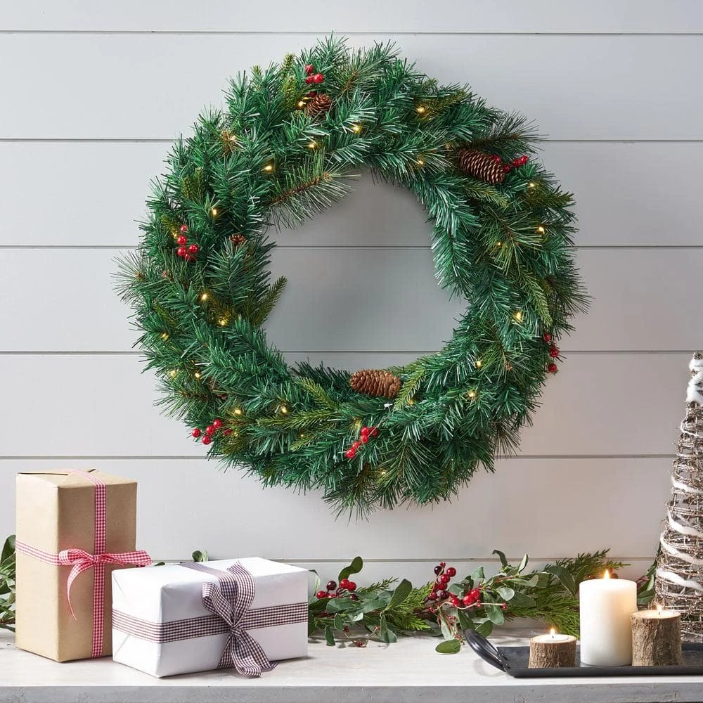 24 In. Green Battery Operated Pre-Lit Warm White LED Mixed Pine Artificial Christmas Wreath With Berries 6 24 In. Green Battery Operated Pre-Lit Warm White LED Mixed Pine Artificial Christmas Wreath With Berries - Image 6