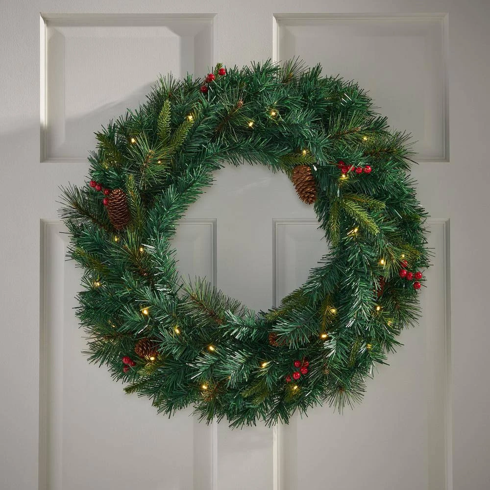 24 In. Green Battery Operated Pre-Lit Warm White LED Mixed Pine Artificial Christmas Wreath With Berries 5 24 In. Green Battery Operated Pre-Lit Warm White LED Mixed Pine Artificial Christmas Wreath With Berries - Image 5
