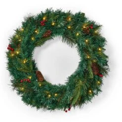 24 In. Green Battery Operated Pre-Lit Warm White LED Mixed Pine Artificial Christmas Wreath With Berries
