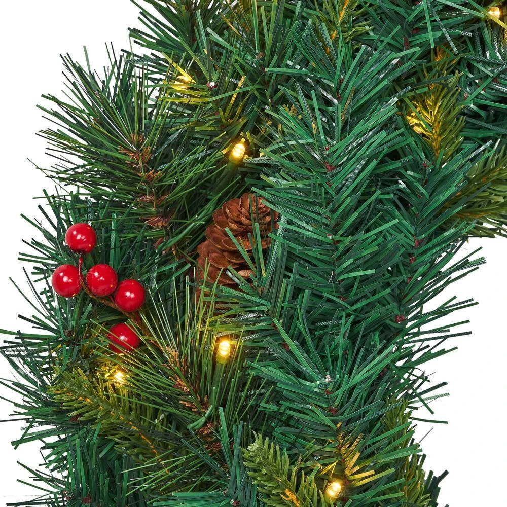 24 In. Green Battery Operated Pre-Lit Warm White LED Mixed Pine Artificial Christmas Wreath With Berries 2 24 In. Green Battery Operated Pre-Lit Warm White LED Mixed Pine Artificial Christmas Wreath With Berries - Image 2