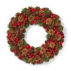 18.5 In. Natural Brown And Red Glitter Unlit Artificial Christmas Wreath With Pine Cones