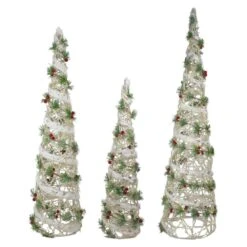 Northlight 40 In. H Lighted White Berry And Pine Needle Cone Tree Christmas Decorations (Set Of 3)