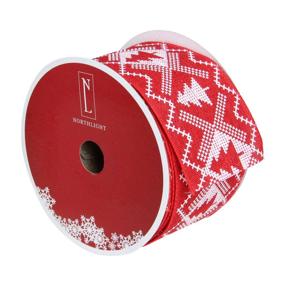 Northlight 2.5 In. X 16 Yds. Red And White Nordic Tree Wired Craft Ribbon 2 Northlight 2.5 In. X 16 Yds. Red And White Nordic Tree Wired Craft Ribbon - Image 2