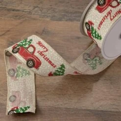 Northlight 2.5 In. X 16 Yds. Red Trucks And Christmas Tree Wired Craft Beige Ribbon -Northlight Shop northlight christmas tree ribbon 33531378 31 1000