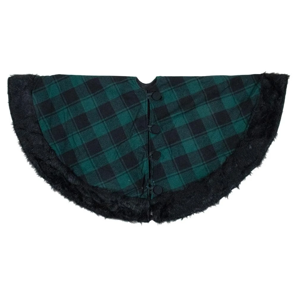 Northlight 48 In. Green And Black Plaid Christmas Tree Skirt With Faux Fur 3 Northlight 48 In. Green And Black Plaid Christmas Tree Skirt With Faux Fur - Image 3