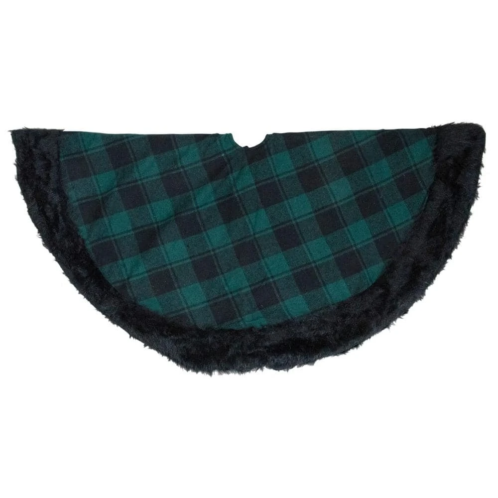 Northlight 48 In. Green And Black Plaid Christmas Tree Skirt With Faux Fur 2 Northlight 48 In. Green And Black Plaid Christmas Tree Skirt With Faux Fur - Image 2