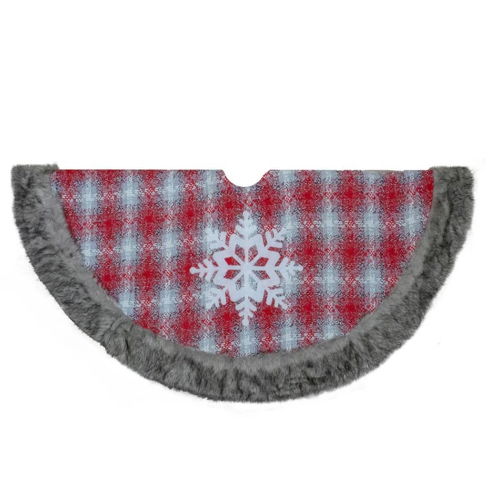 Northlight 48 In. Red And White Plaid Christmas Tree Skirt With Snowflake 1 Northlight 48 In. Red And White Plaid Christmas Tree Skirt With Snowflake