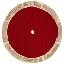Northlight Cable Knit Christmas Tree Skirt With Faux Fur Trim-48in.-Red