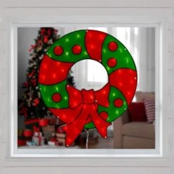 Northlight 23 In. Lighted Red And Green Christmas Wreath Window Silhouette -Northlight Shop northlight christmas window decorations 34855002 31 1000