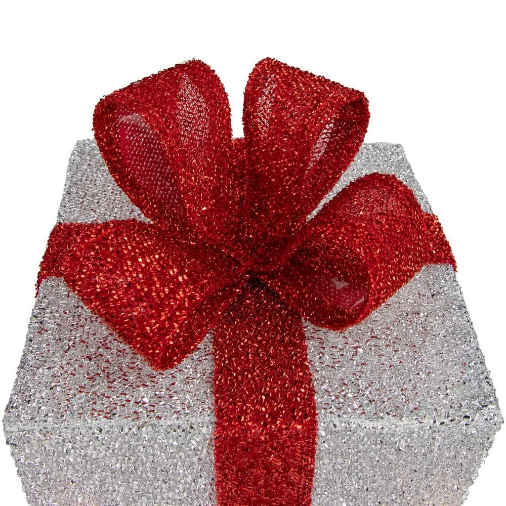 Northlight 9 In. Christmas Outdoor Decorations Silver Tinsel Gift Boxes With Red Bows Lighted (3-Pack) 4 Northlight 9 In. Christmas Outdoor Decorations Silver Tinsel Gift Boxes With Red Bows Lighted (3-Pack) - Image 4