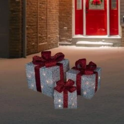 Northlight 9 In. Christmas Outdoor Decorations Silver Tinsel Gift Boxes With Red Bows Lighted (3-Pack) 11 Northlight 9 In. Christmas Outdoor Decorations Silver Tinsel Gift Boxes With Red Bows Lighted (3-Pack) -Northlight Shop northlight christmas yard decorations 31458001 31 1000