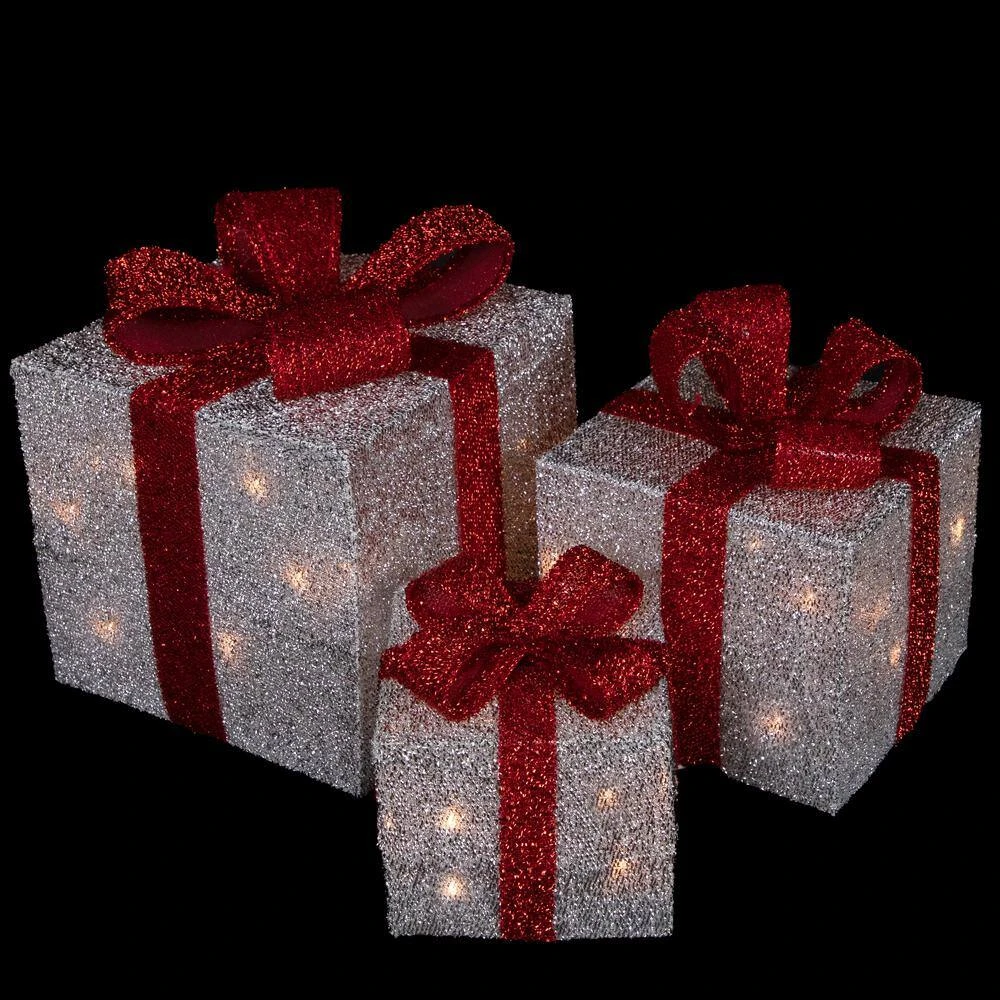 Northlight 9 In. Christmas Outdoor Decorations Silver Tinsel Gift Boxes With Red Bows Lighted (3-Pack) 5 Northlight 9 In. Christmas Outdoor Decorations Silver Tinsel Gift Boxes With Red Bows Lighted (3-Pack) - Image 5